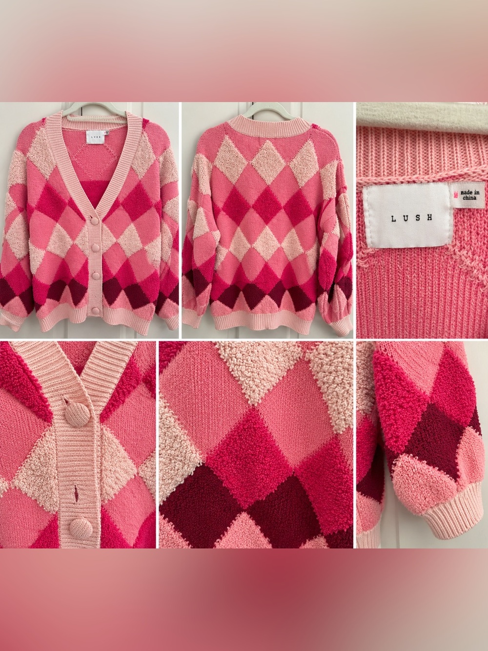 LUSH Pink Argyle Textured Cardigan Sweater